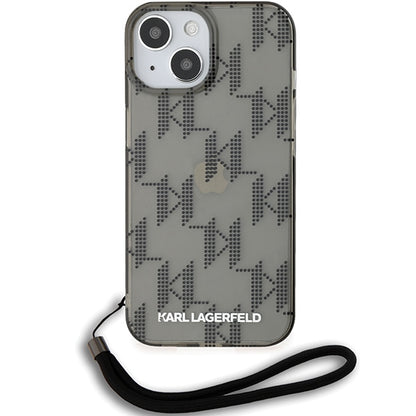 Hülle für Apple iPhone 15, Karl Lagerfeld, IML Luxury Monogram KL Muster mit Trageriemen, Schwarz