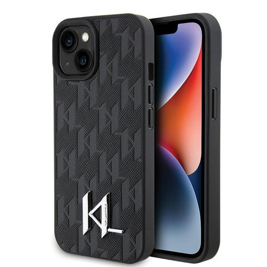 Hülle für Apple iPhone 15, Karl Lagerfeld, Monogram Hot Stamp Metal Logo, Schwarz