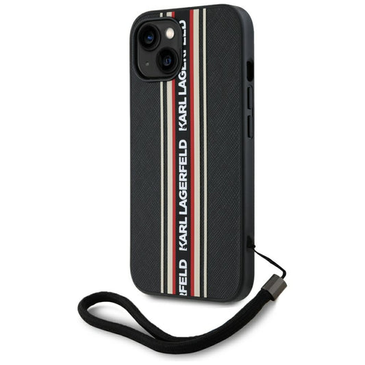 Hülle für Apple iPhone 15, Karl Lagerfeld, Saffiano Athleisure Stripes with Strap, Rosie