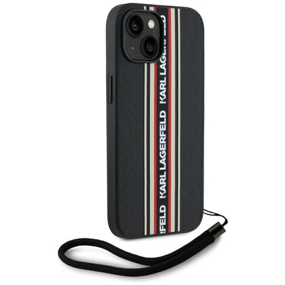 Hülle für Apple iPhone 15, Karl Lagerfeld, Saffiano Athleisure Stripes with Strap, Rosie