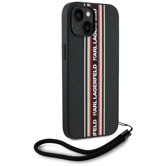 Hülle für Apple iPhone 15, Karl Lagerfeld, Saffiano Athleisure Stripes with Strap, Rosie