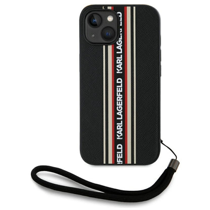 Hülle für Apple iPhone 15, Karl Lagerfeld, Saffiano Athleisure Stripes with Strap, Rosie