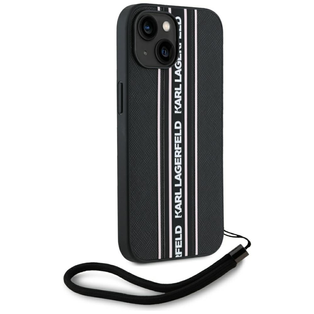 Hülle für Apple iPhone 15, Karl Lagerfeld, Saffiano Athleisure Stripes mit Trageriemen, Rosa