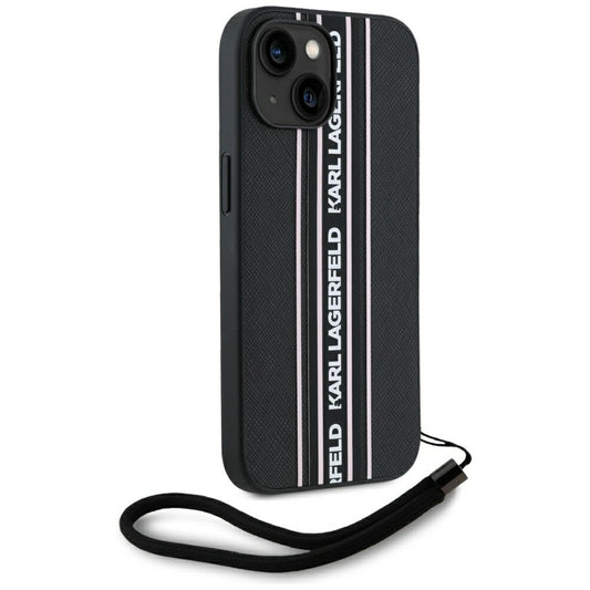 Hülle für Apple iPhone 15, Karl Lagerfeld, Saffiano Athleisure Stripes mit Trageriemen, Rosa