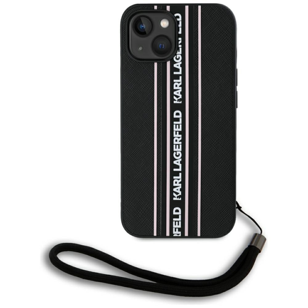 Hülle für Apple iPhone 15, Karl Lagerfeld, Saffiano Athleisure Stripes mit Trageriemen, Rosa
