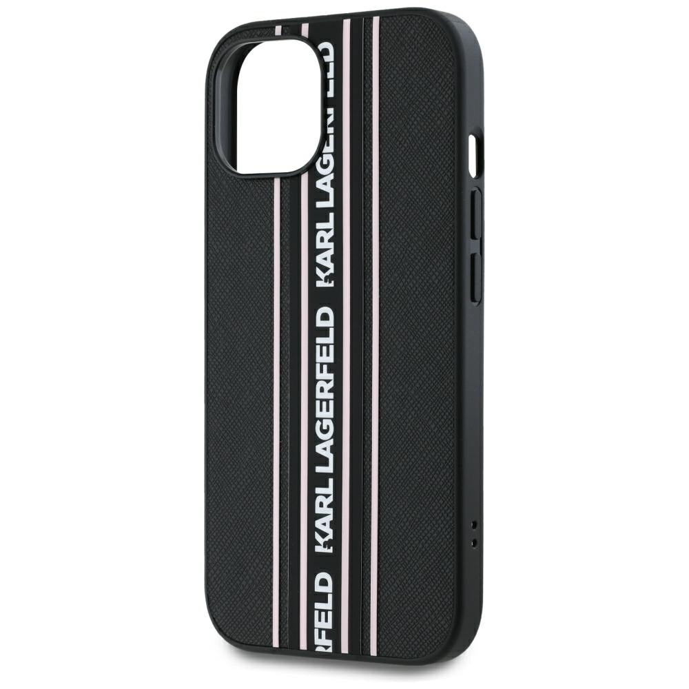 Hülle für Apple iPhone 15, Karl Lagerfeld, Saffiano Athleisure Stripes mit Trageriemen, Rosa