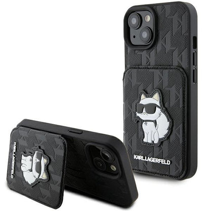 Hülle für Apple iPhone 15, Karl Lagerfeld, Saffiano Kartenfächer und Ständer Monogramm Choupette, Schwarz