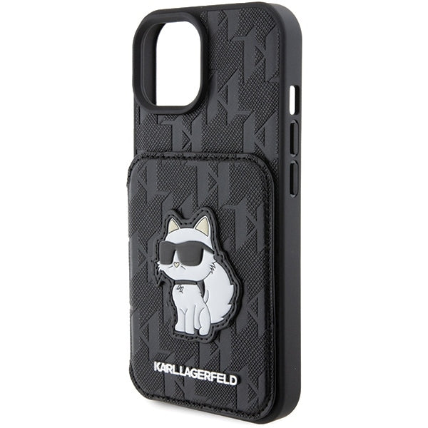 Hülle für Apple iPhone 15, Karl Lagerfeld, Saffiano Kartenfächer und Ständer Monogramm Choupette, Schwarz
