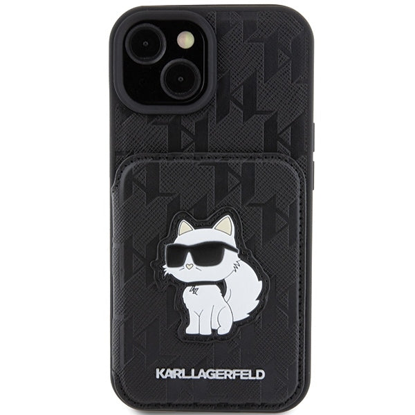 Hülle für Apple iPhone 15, Karl Lagerfeld, Saffiano Kartenfächer und Ständer Monogramm Choupette, Schwarz