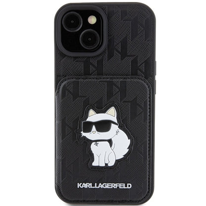 Hülle für Apple iPhone 15, Karl Lagerfeld, Saffiano Kartenfächer und Ständer Monogramm Choupette, Schwarz