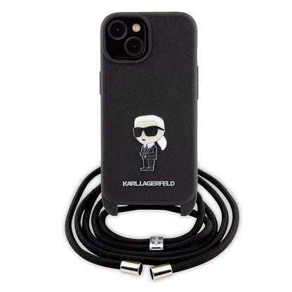 Hülle für Apple iPhone 15, Karl Lagerfeld, Saffiano Crossbody Monogram Metal Pin Karl, Schwarz