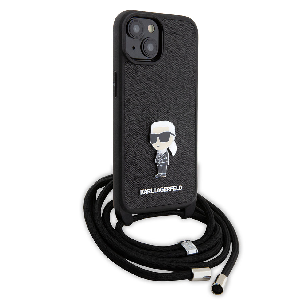 Hülle für Apple iPhone 15, Karl Lagerfeld, Saffiano Crossbody Monogram Metal Pin Karl, Schwarz