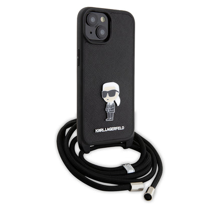 Hülle für Apple iPhone 15, Karl Lagerfeld, Saffiano Crossbody Monogram Metal Pin Karl, Schwarz