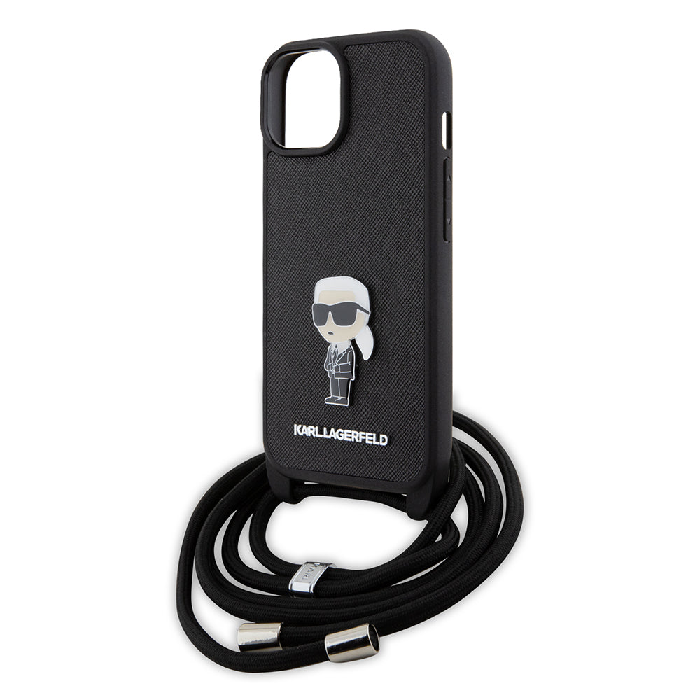 Hülle für Apple iPhone 15, Karl Lagerfeld, Saffiano Crossbody Monogram Metal Pin Karl, Schwarz