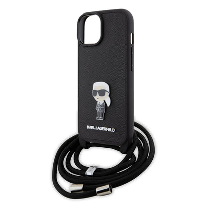 Hülle für Apple iPhone 15, Karl Lagerfeld, Saffiano Crossbody Monogram Metal Pin Karl, Schwarz