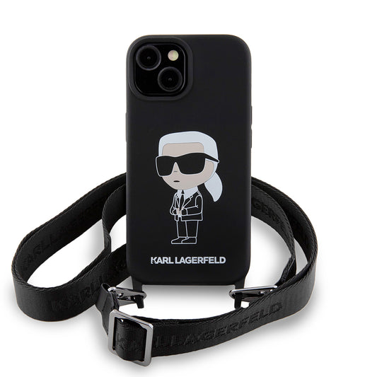 Hülle für Apple iPhone 15, Karl Lagerfeld, Silikon Crossbody Ikonik Karl, Schwarz