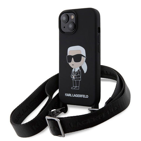 Hülle für Apple iPhone 15, Karl Lagerfeld, Silikon Crossbody Ikonik Karl, Schwarz