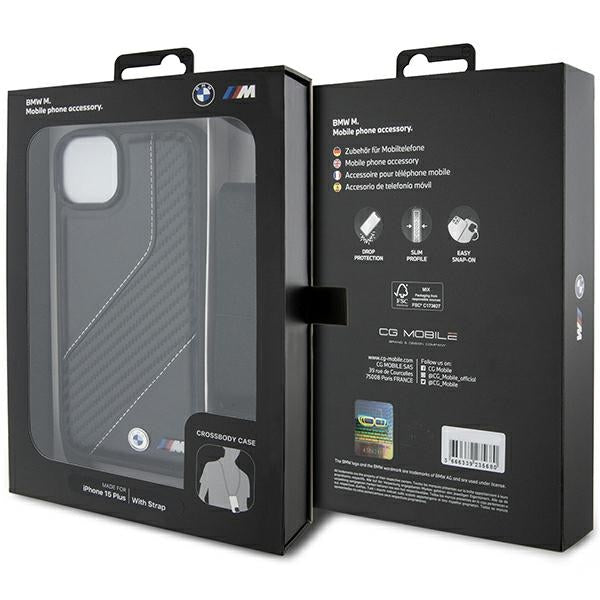 Hülle für Apple iPhone 15 Plus, BMW, M Edition Carbon Stripe & Strap, Schwarz