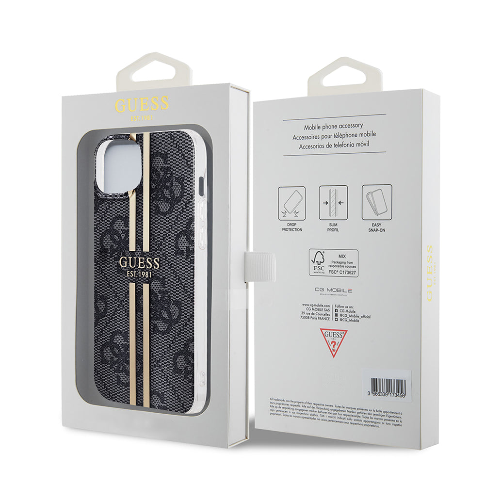 Hülle für Apple iPhone 15 Plus, Guess, IML 4G Gold Stripe, Schwarz