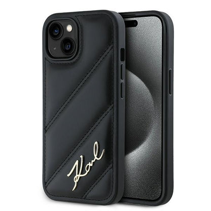 Hülle für Apple iPhone 15 Plus, Karl Lagerfeld, Diagonal Quilted Script, Schwarz