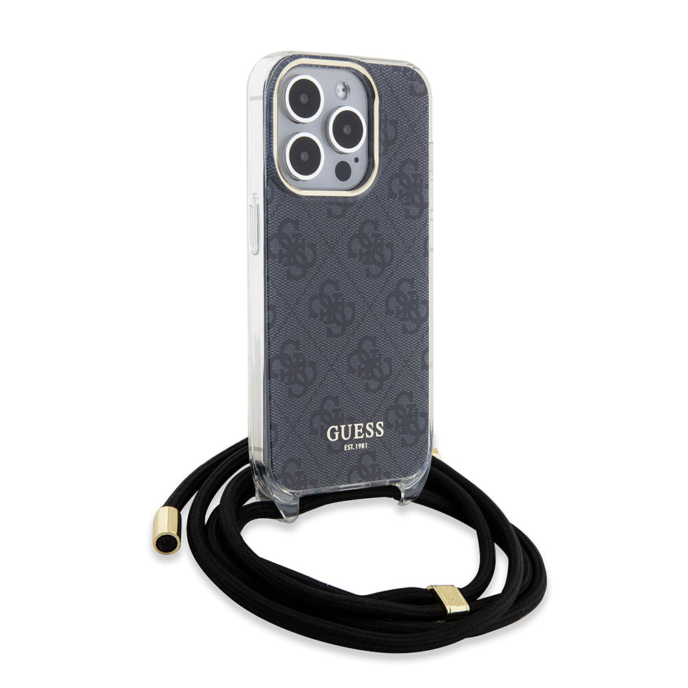 Case for Apple iPhone 15 Pro, Guess, Crossbody Cord 4G Print, Black