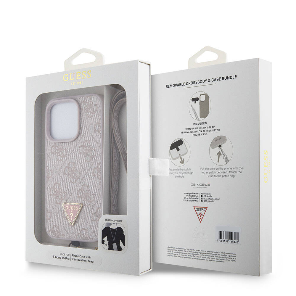 Hülle für Apple iPhone 15 Pro, Guess, Crossbody 4G Metal Logo, Rosa