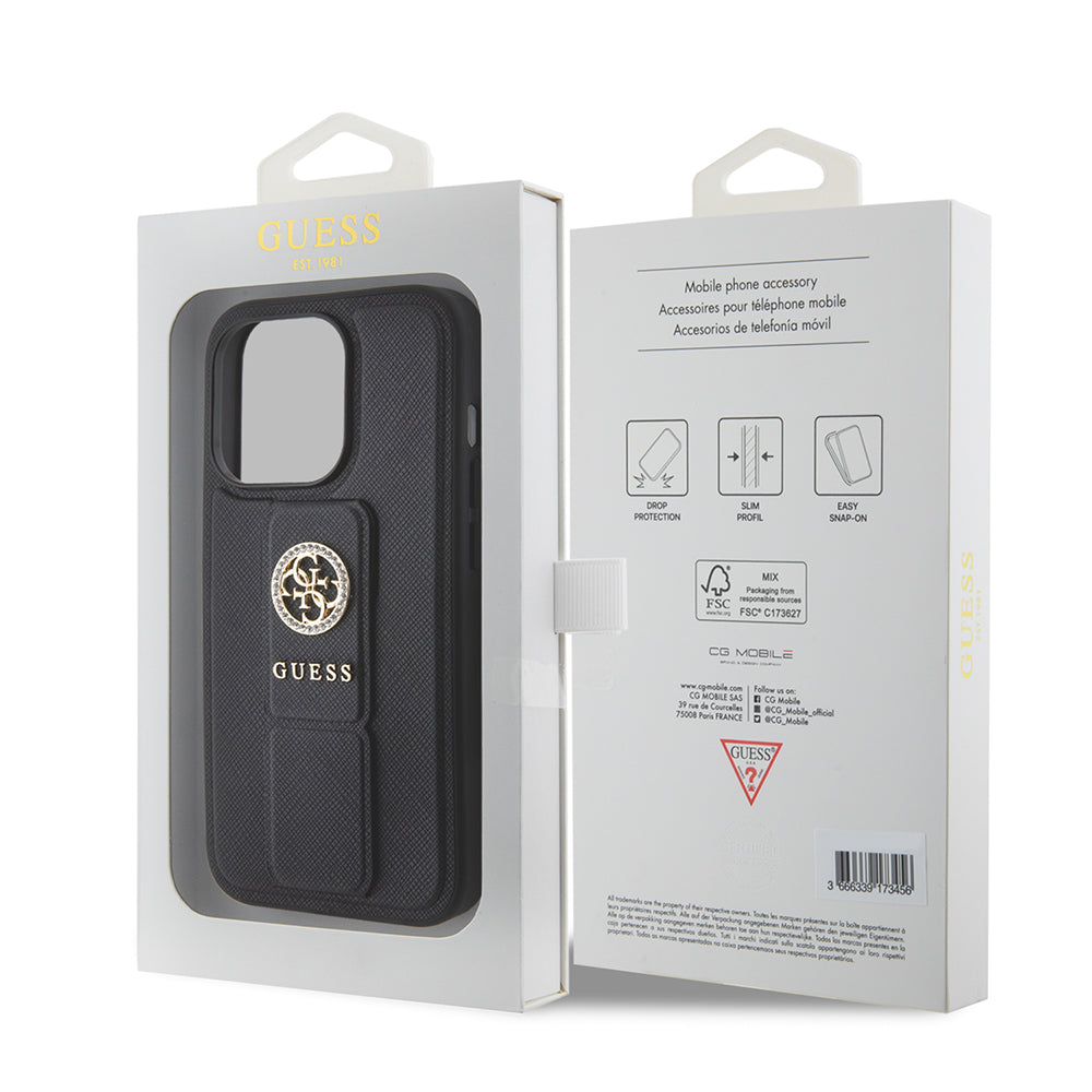 Hülle für Apple iPhone 15 Pro, Guess, Grip Stand 4G Saffiano Strass, Schwarz