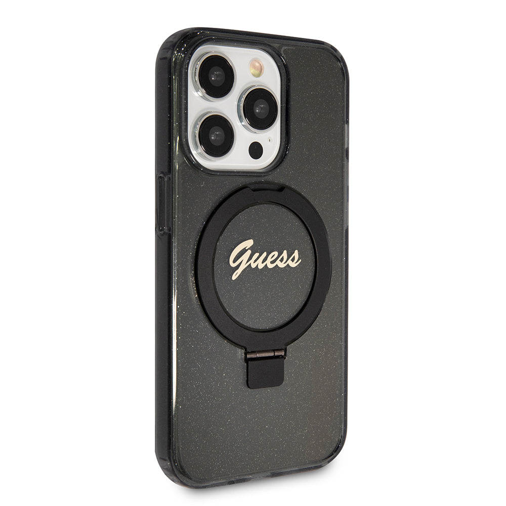 MagSafe Hülle für Apple iPhone 15 Pro, Guess, IML Ring Stand Glitter, Schwarz