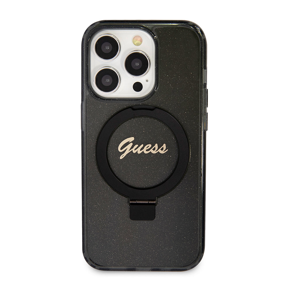 MagSafe Hülle für Apple iPhone 15 Pro, Guess, IML Ring Stand Glitter, Schwarz