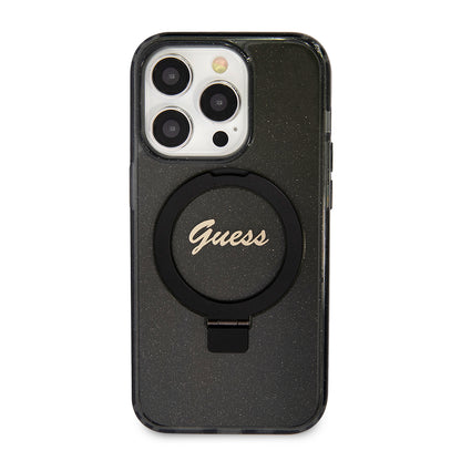 MagSafe Hülle für Apple iPhone 15 Pro, Guess, IML Ring Stand Glitter, Schwarz