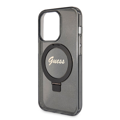 MagSafe Hülle für Apple iPhone 15 Pro, Guess, IML Ring Stand Glitter, Schwarz