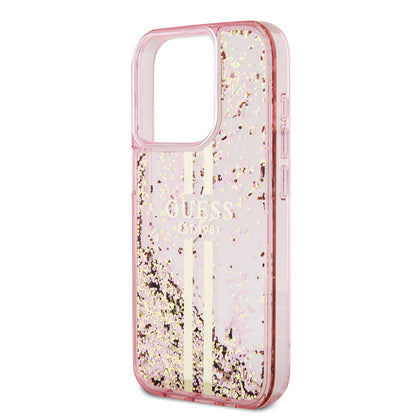Hülle für Apple iPhone 15 Pro, Guess, Liquid Glitter Gold Stripes, Rosa