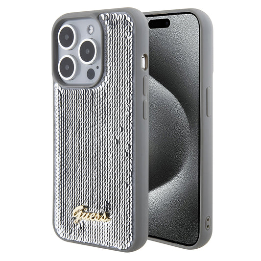 Hülle für Apple iPhone 15 Pro, Guess, Sequin Script Metal, Silber