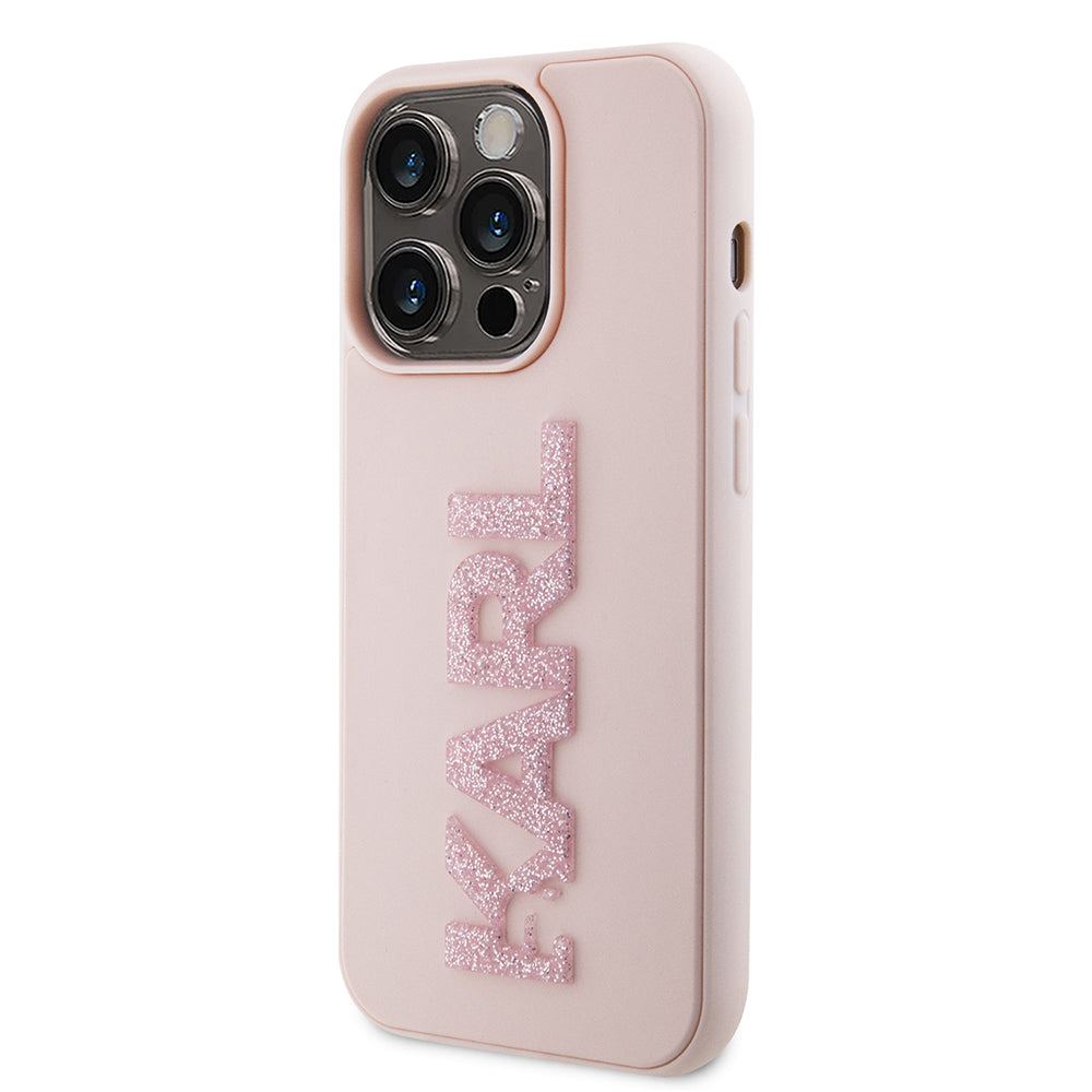 Hülle für Apple iPhone 15 Pro, Karl Lagerfeld, 3D Rubber Glitter Logo Karl, Rosa