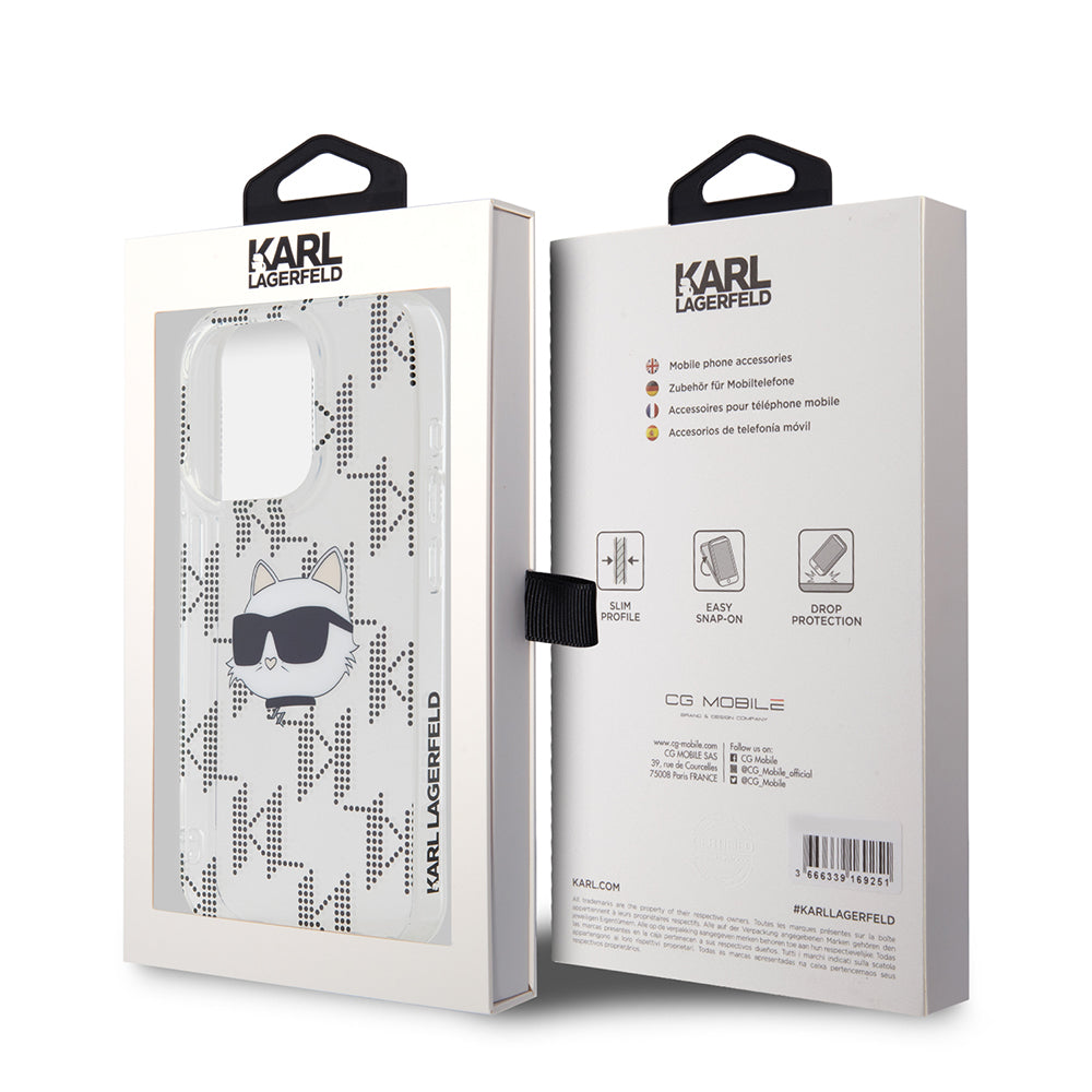 Hülle für Apple iPhone 15 Pro, Karl Lagerfeld, IML Electroplated Choupette Head, Transparent