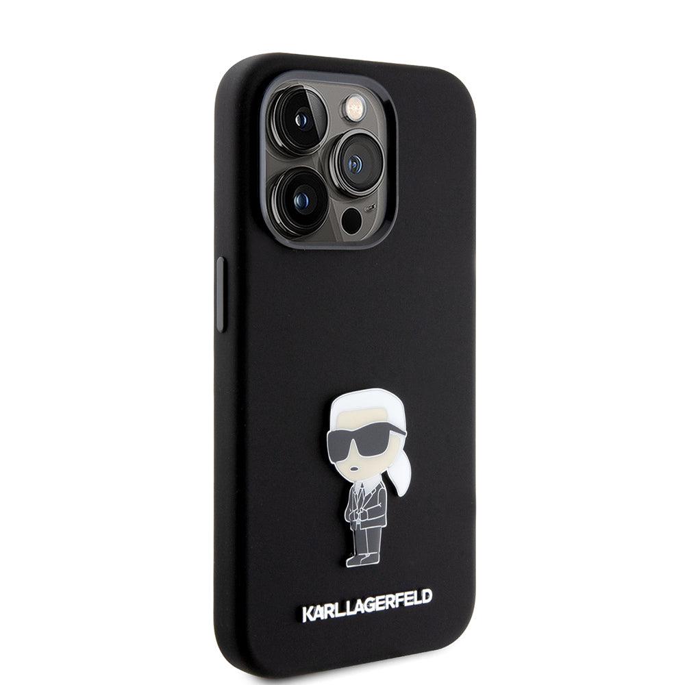 Hülle für Apple iPhone 15 Pro, Karl Lagerfeld, Silicone Metal Ikonik, Schwarz