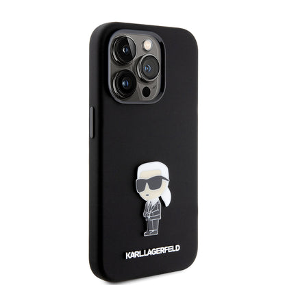 Hülle für Apple iPhone 15 Pro, Karl Lagerfeld, Silicone Metal Ikonik, Schwarz