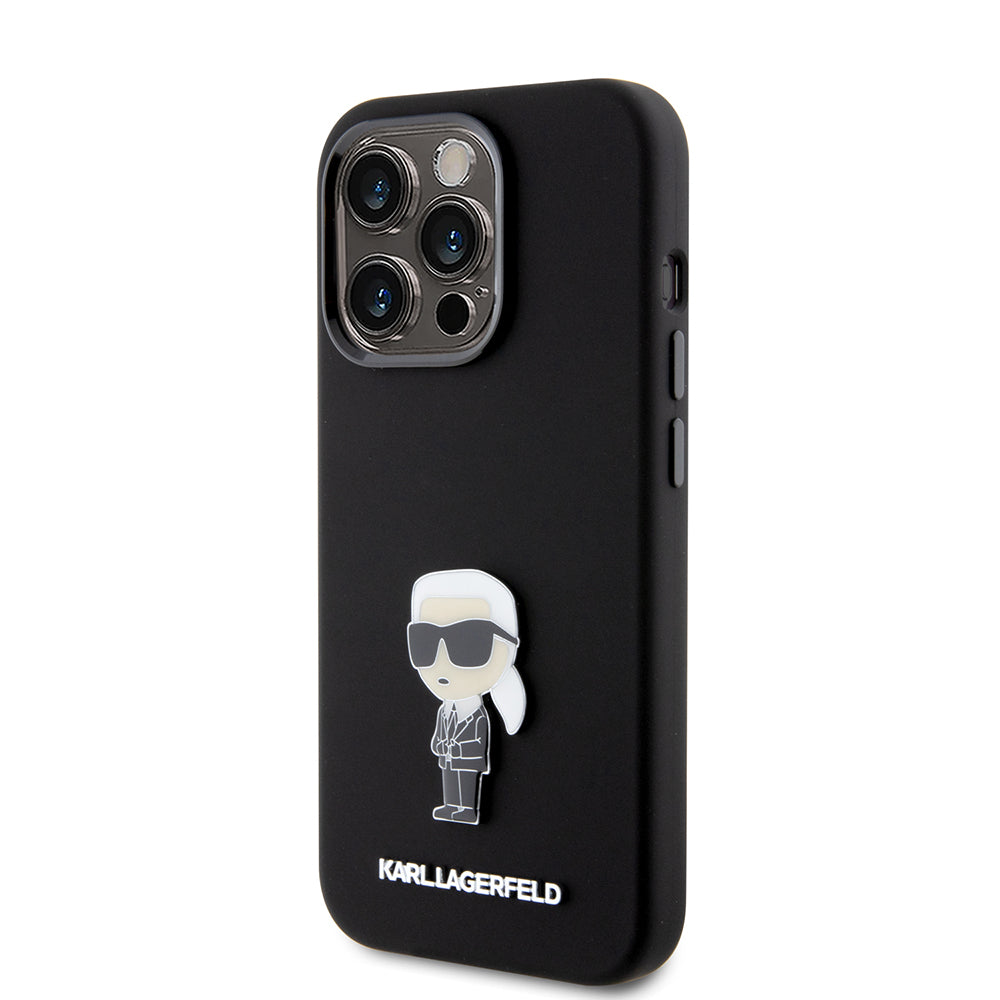 Hülle für Apple iPhone 15 Pro, Karl Lagerfeld, Silicone Metal Ikonik, Schwarz