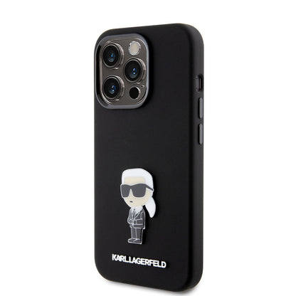 Hülle für Apple iPhone 15 Pro, Karl Lagerfeld, Silicone Metal Ikonik, Schwarz