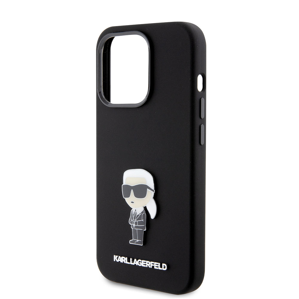 Hülle für Apple iPhone 15 Pro, Karl Lagerfeld, Silicone Metal Ikonik, Schwarz