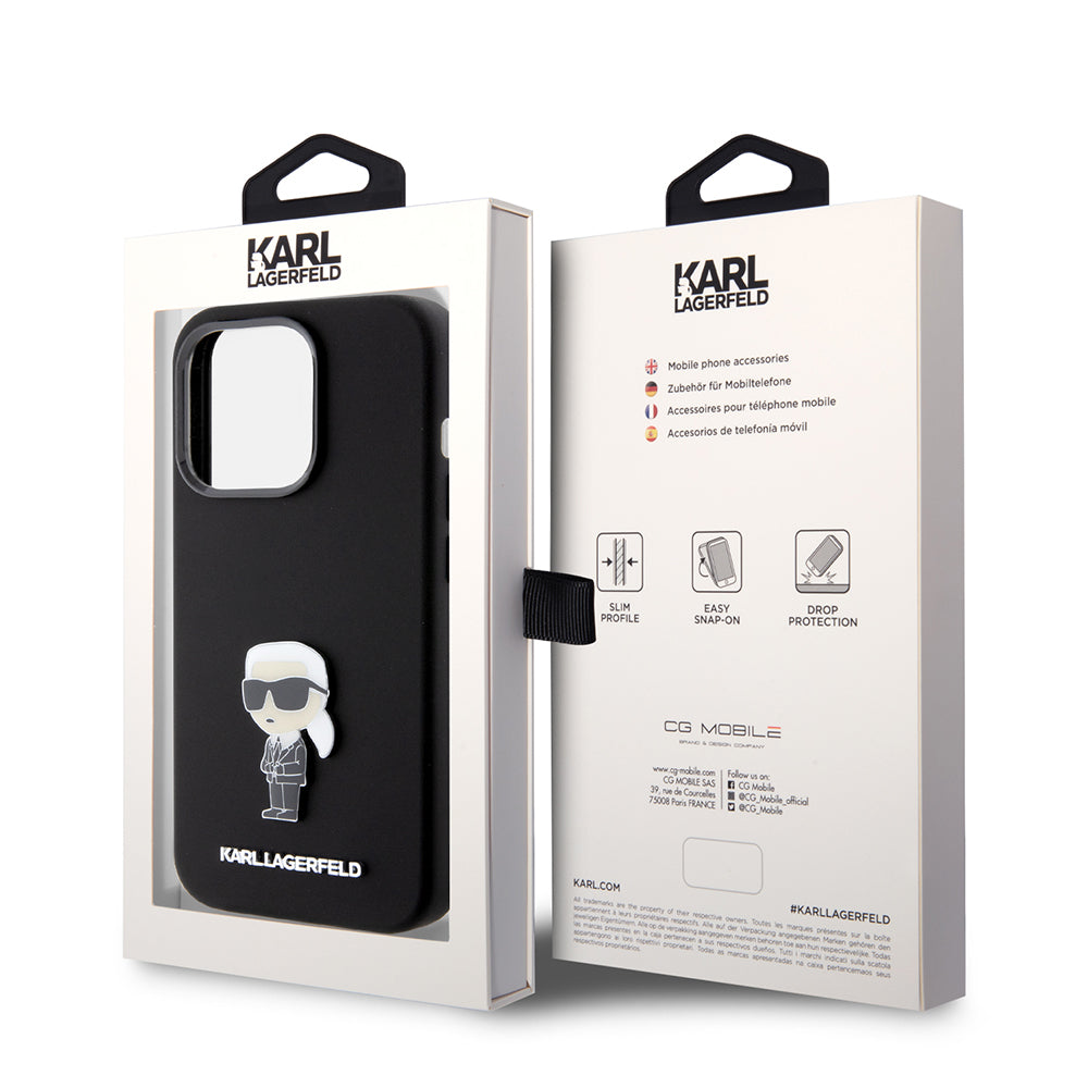 Hülle für Apple iPhone 15 Pro, Karl Lagerfeld, Silicone Metal Ikonik, Schwarz