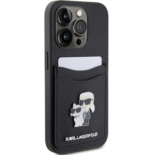 Hülle für Apple iPhone 15 Pro, Karl Lagerfeld, Saffiano Kartenfach Metall Karl & Choupette, Schwarz