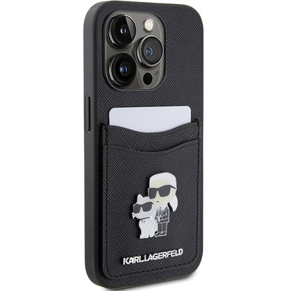 Hülle für Apple iPhone 15 Pro, Karl Lagerfeld, Saffiano Kartenfach Metall Karl & Choupette, Schwarz