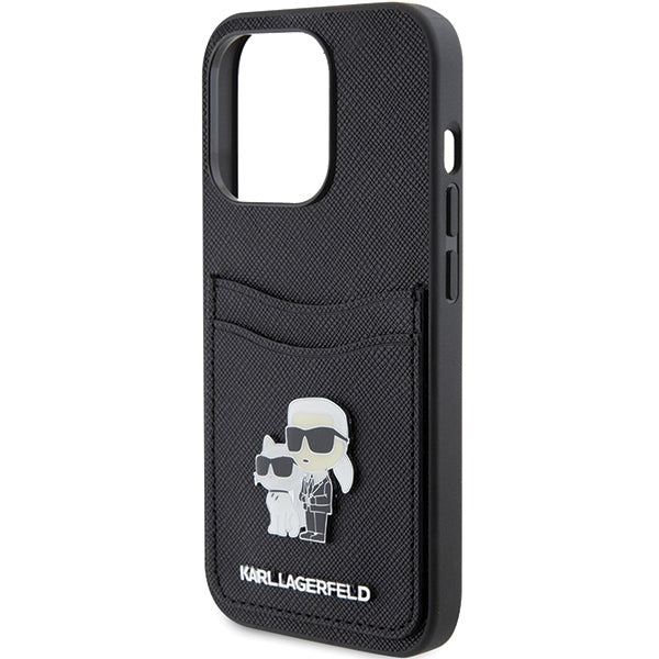 Hülle für Apple iPhone 15 Pro, Karl Lagerfeld, Saffiano Kartenfach Metall Karl & Choupette, Schwarz