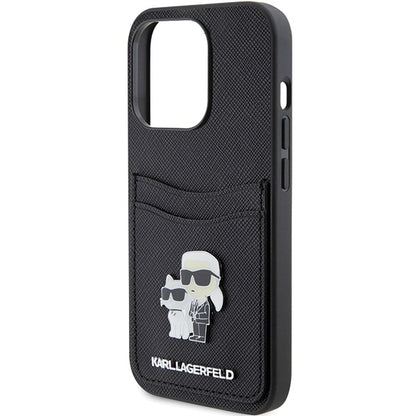 Hülle für Apple iPhone 15 Pro, Karl Lagerfeld, Saffiano Kartenfach Metall Karl & Choupette, Schwarz