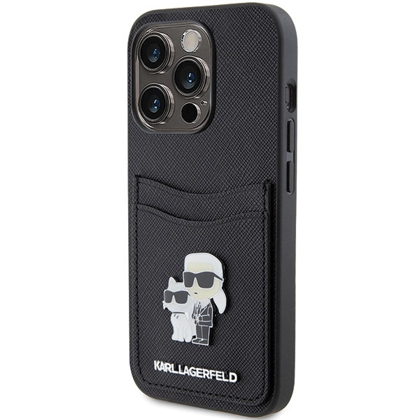 Hülle für Apple iPhone 15 Pro, Karl Lagerfeld, Saffiano Kartenfach Metall Karl & Choupette, Schwarz