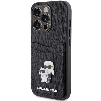 Hülle für Apple iPhone 15 Pro, Karl Lagerfeld, Saffiano Kartenfach Metall Karl & Choupette, Schwarz