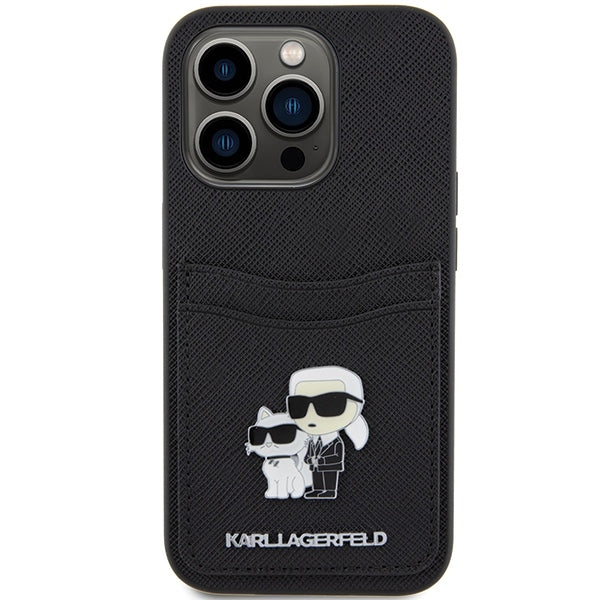Hülle für Apple iPhone 15 Pro, Karl Lagerfeld, Saffiano Kartenfach Metall Karl & Choupette, Schwarz
