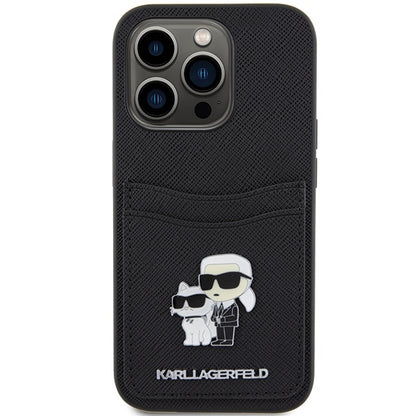 Hülle für Apple iPhone 15 Pro, Karl Lagerfeld, Saffiano Kartenfach Metall Karl & Choupette, Schwarz