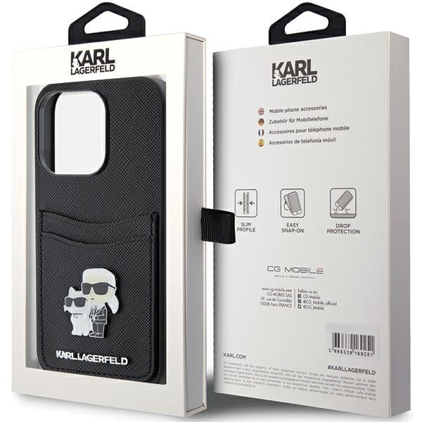 Hülle für Apple iPhone 15 Pro, Karl Lagerfeld, Saffiano Kartenfach Metall Karl & Choupette, Schwarz